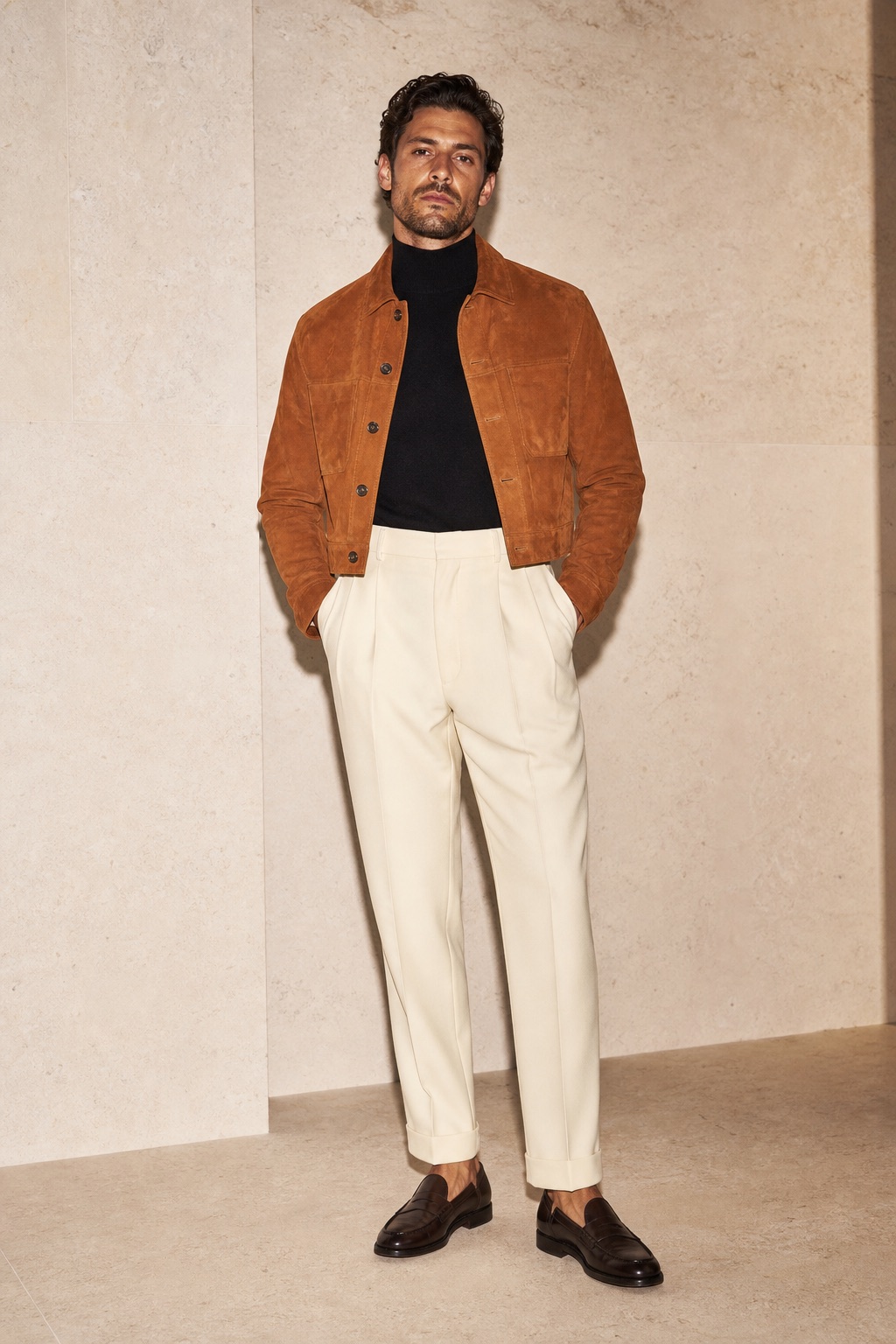 Man wearing a cognac suede jacket, black mock neck, cream trousers, and brown loafers